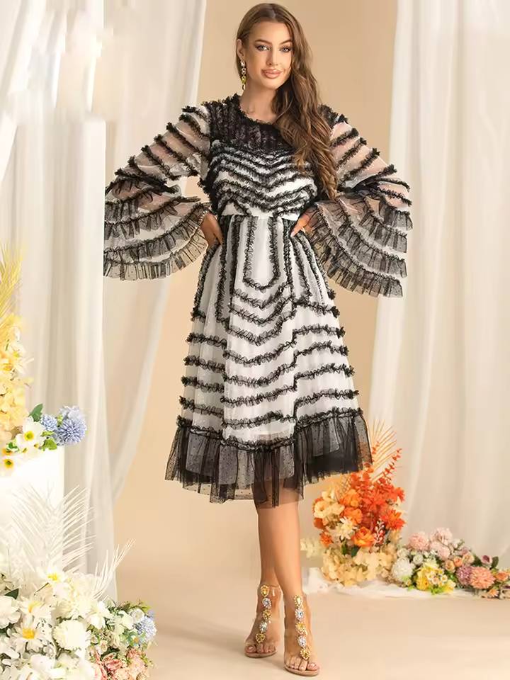 Flare Sleeved Edible Tree Fungus Edge Striped High Waist Midi Dress