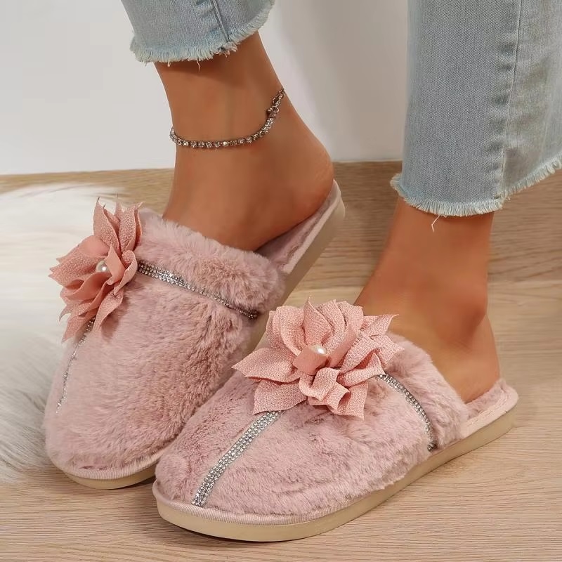Flower Decor Furry Crystal Warm Fur Cotton Comfort Soft Sole Plush Slides Home Slipper