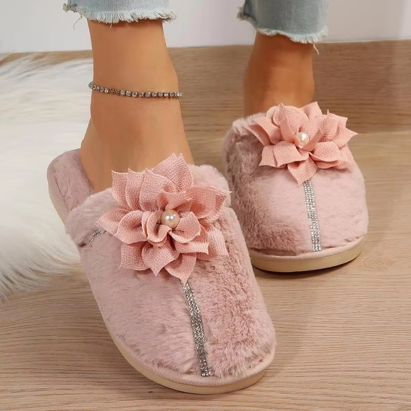 Flower Decor Furry Crystal Warm Fur Cotton Comfort Soft Sole Plush Slides Home Slipper - Image 2
