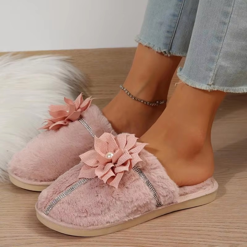 Flower Decor Furry Crystal Warm Fur Cotton Comfort Soft Sole Plush Slides Home Slipper - Image 3