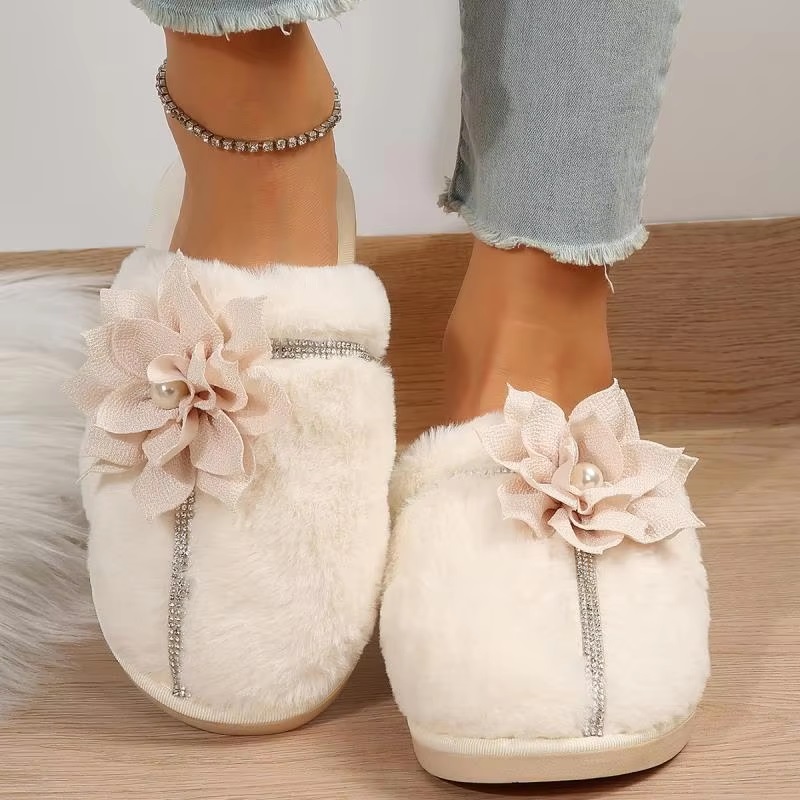 Flower Decor Furry Crystal Warm Fur Cotton Comfort Soft Sole Plush Slides Home Slipper - Image 4