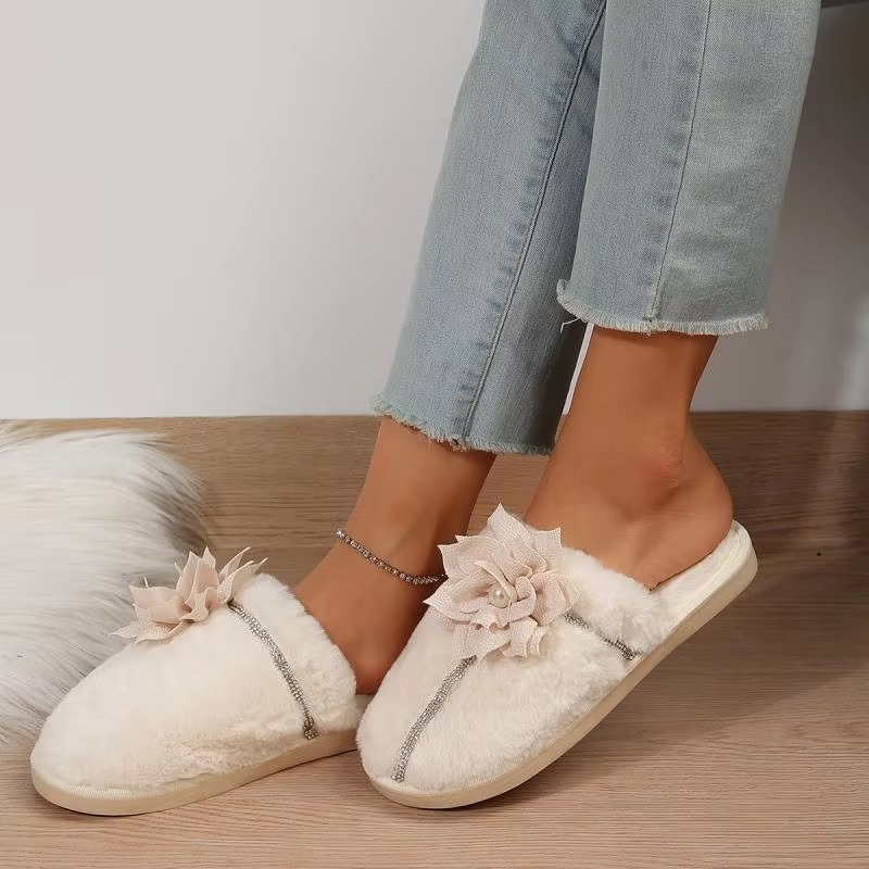 Flower Decor Furry Crystal Warm Fur Cotton Comfort Soft Sole Plush Slides Home Slipper - Image 6
