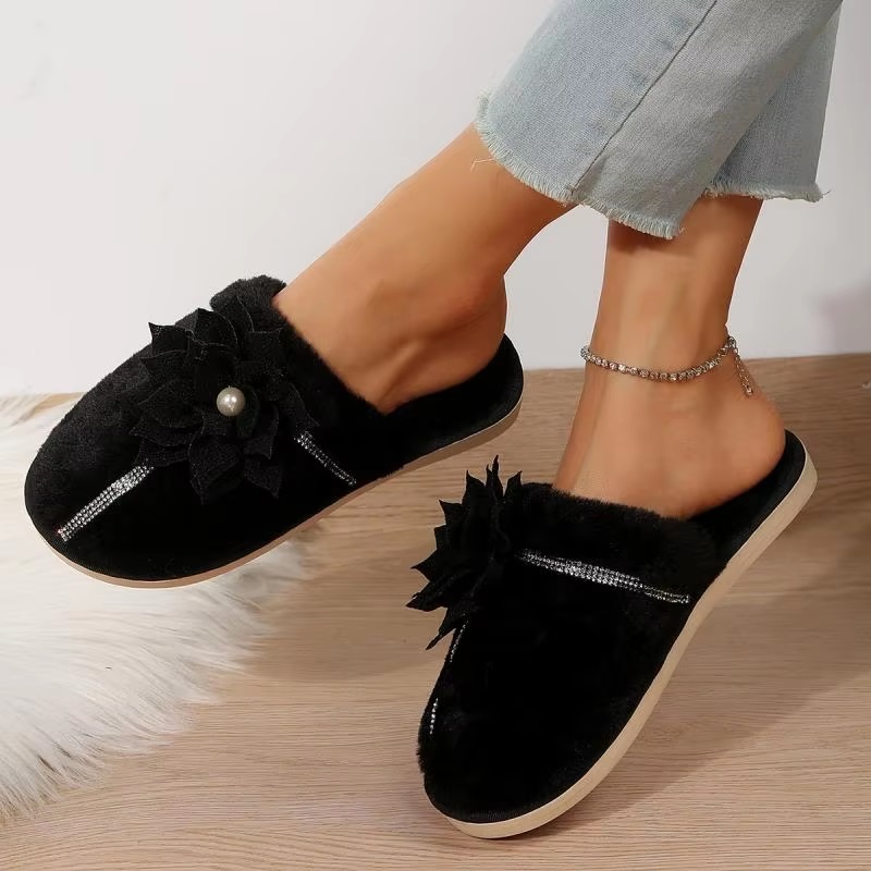 Flower Decor Furry Crystal Warm Fur Cotton Comfort Soft Sole Plush Slides Home Slipper - Image 7
