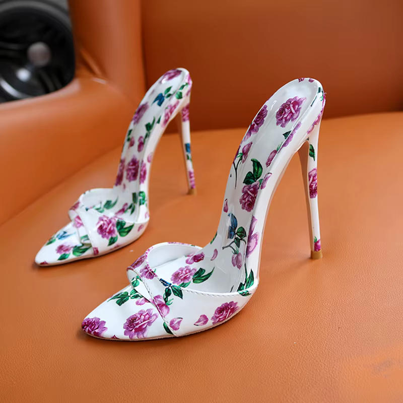 Flower Print Pointed Toe Work Dress Outdoor High Heels Sandal - Image 3