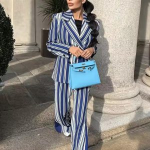 Formal Double-Breasted Stripe Blazer And Pants Two Piece Set