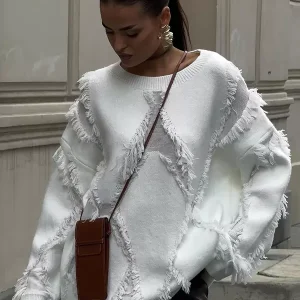 Fringe Jewel Neck Long Sleeve Polyester Pullovers Daily Casual Sweaters