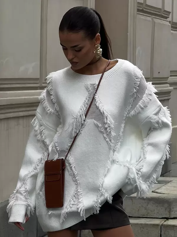 Fringe Jewel Neck Long Sleeve Polyester Pullovers Daily Casual Sweaters