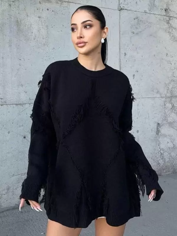 Fringe Jewel Neck Long Sleeve Polyester Pullovers Daily Casual Sweaters - Image 3