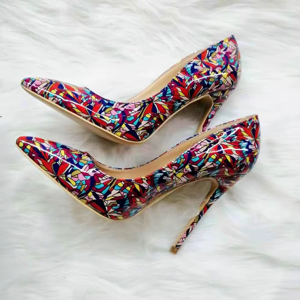 Graphic Printed Pointy Toe Slip On Stiletto High Heel Shoes