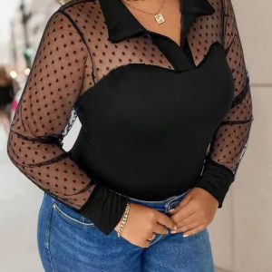 Hollowed Out Mesh Patchwork Long Sleeved Plus Size Shirt