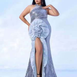 Luxury Halter Patchwork Plus Size Birthday Party Maxi Dress