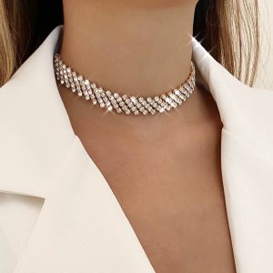 Luxury Multi Row Rhinestones Shiny Crystal Collar Neck Wedding Short Choker