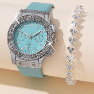 Luxury PU Leather Strap Quartz Wristwatch Alloy Bracelet Set