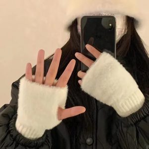 Luxury Solid Color Plush Knitted Mink Fleece Half Fingerless Gloves