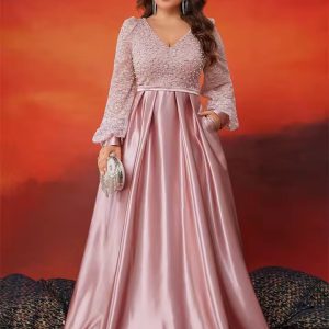 Luxury V-Neck Long Sleeve Sequins Evening Plus Size Maxi Dress