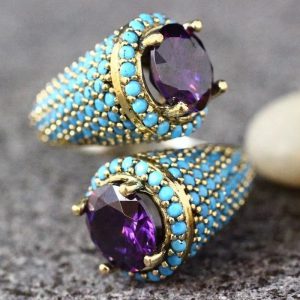 Luxury natural gem Amethyst and Turquoise party anniversary boutique Ring