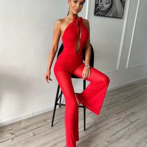 Mesh Ruched Strapless Bodycon Flare Bandage Jumpsuit Celebrity Designer High Street Rompers