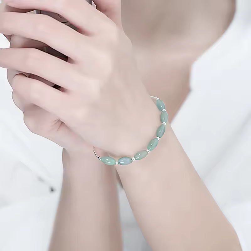 Natural Stone Jade Pure 925 Sterling Silver Bangle Bracelets