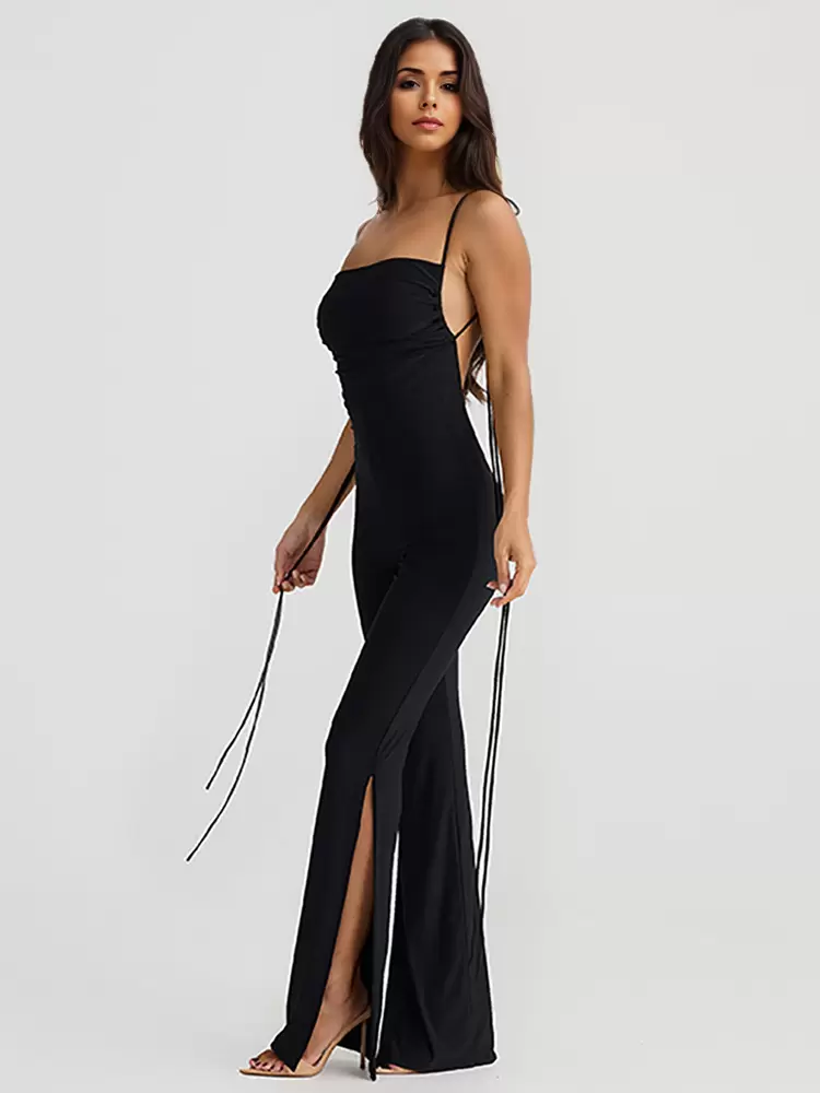 One-Shoulder Sleeveless Backless Lace Up Polyester Flared Jumpsuit - Image 2