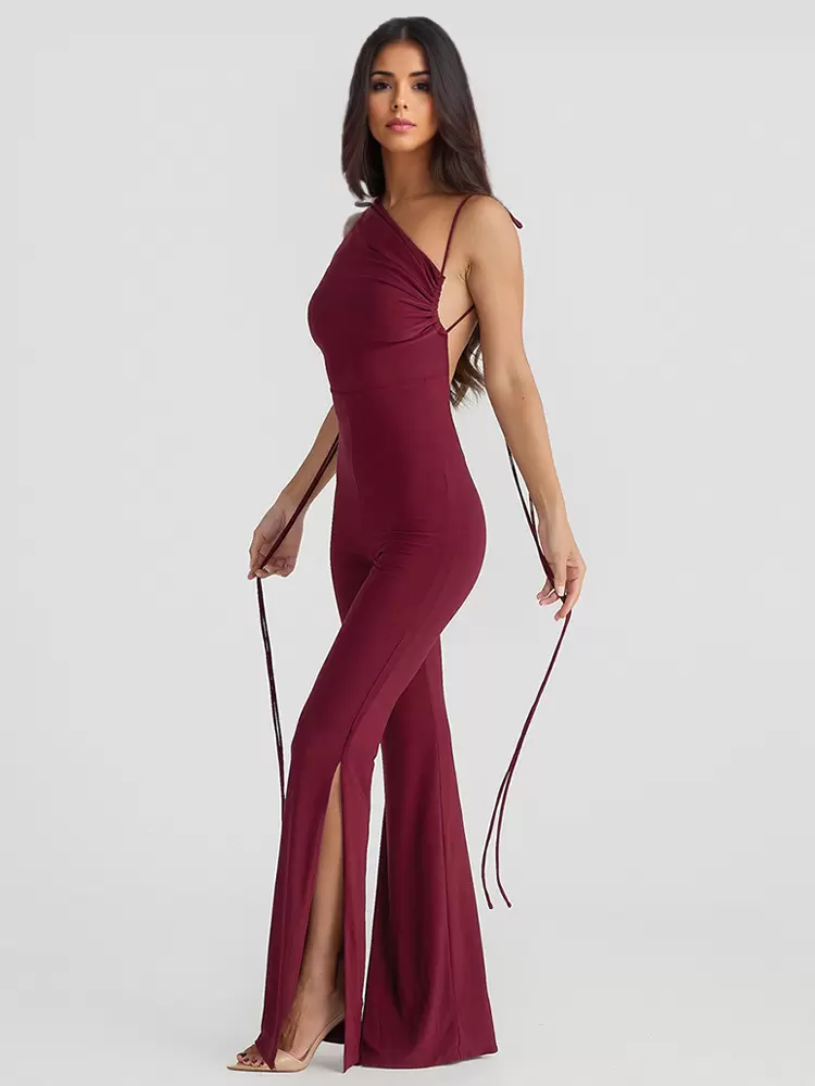 One-Shoulder Sleeveless Backless Lace Up Polyester Flared Jumpsuit - Image 6