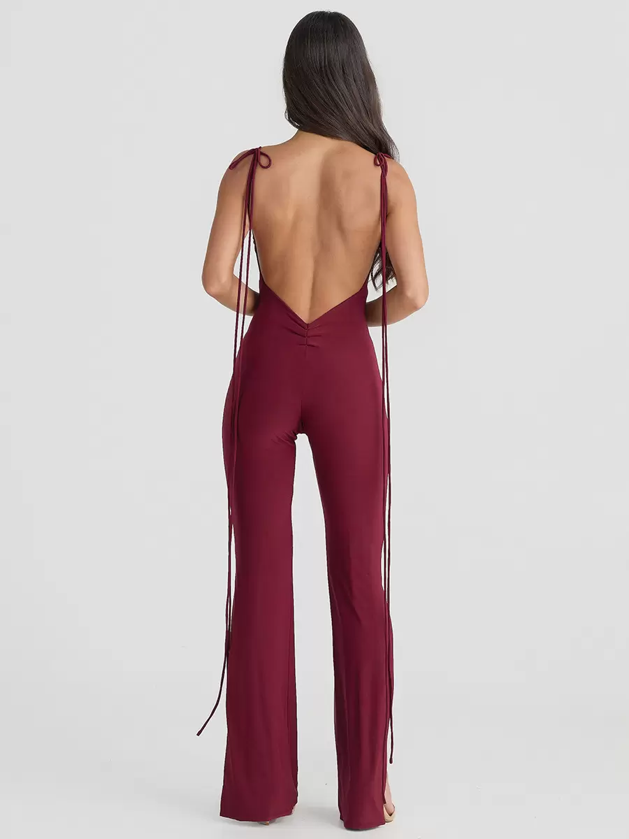 One-Shoulder Sleeveless Backless Lace Up Polyester Flared Jumpsuit - Image 7