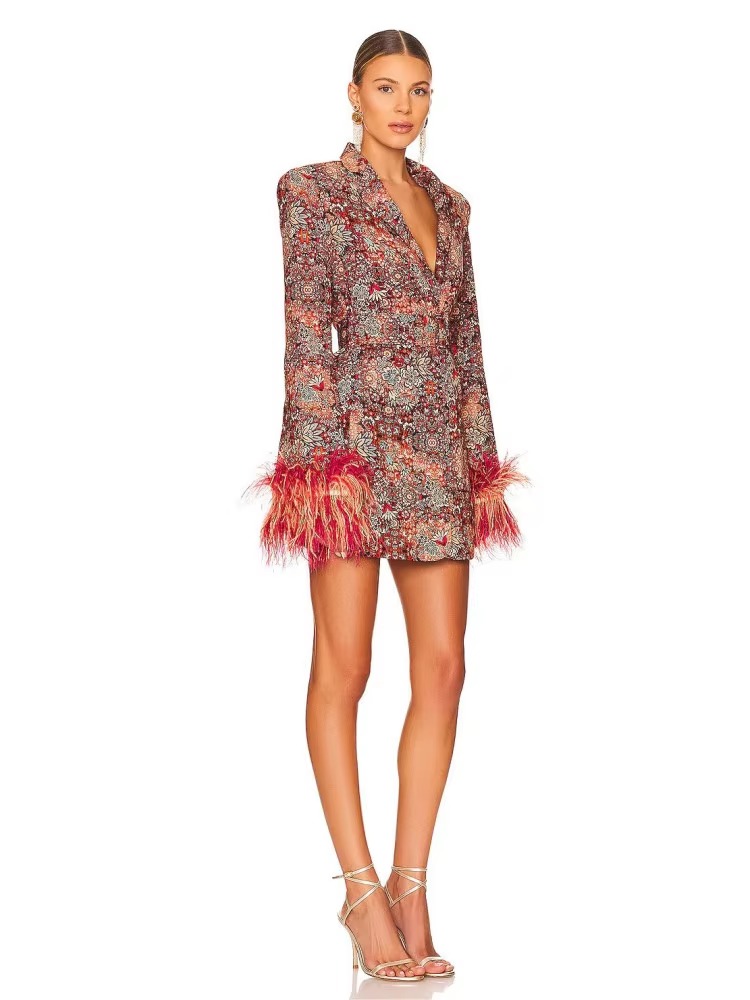 Ostrich Feather Long Sleeve V Neck Floral High Street Celebrity Blazer