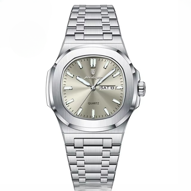 POEDAGAR Luxury Military Square Waterproof Luminous Date Week Stainless Steel Quartz Men's Watches - Image 7