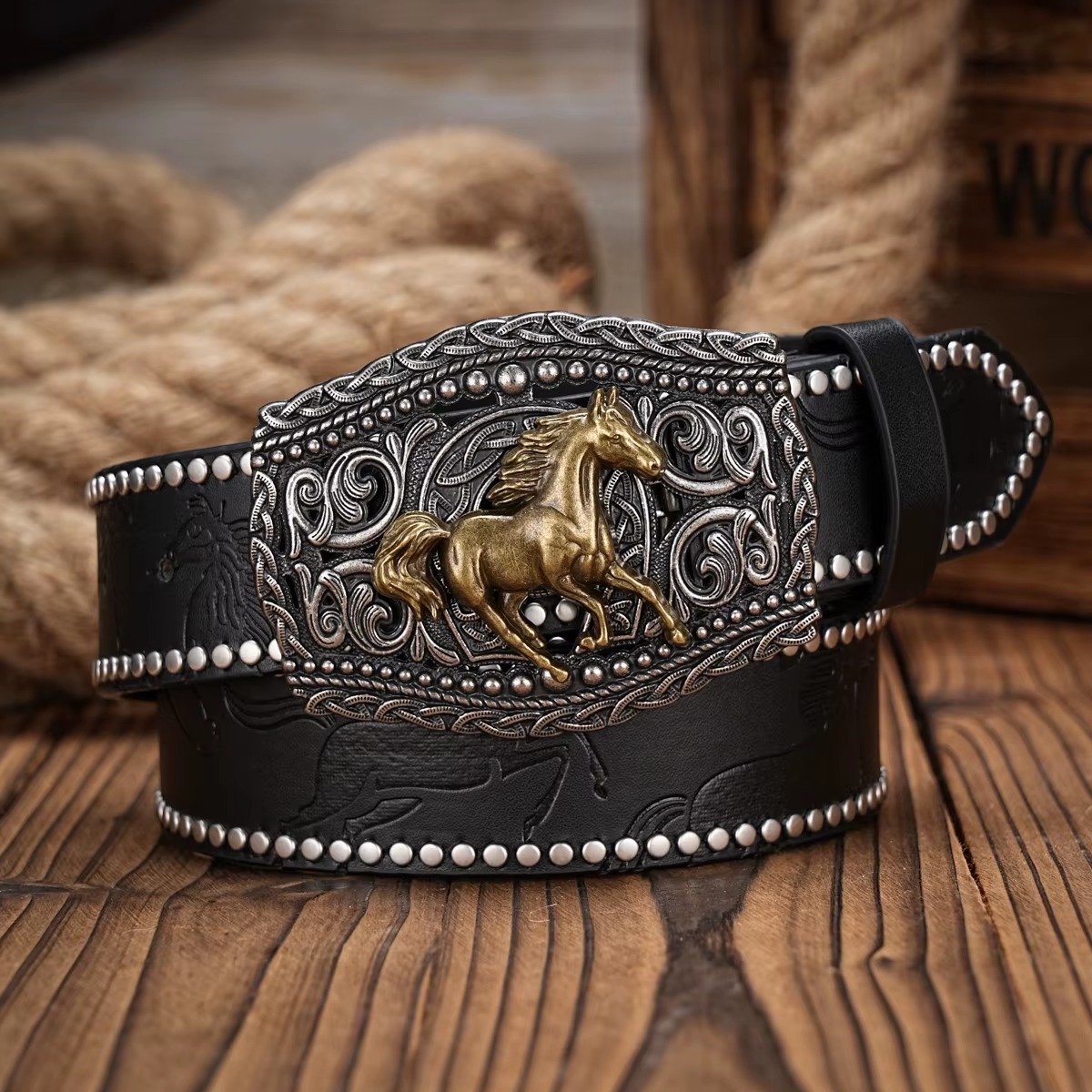 Vintage horse Floral Engraved Buckle Western Cowboy PU Leather Belt
