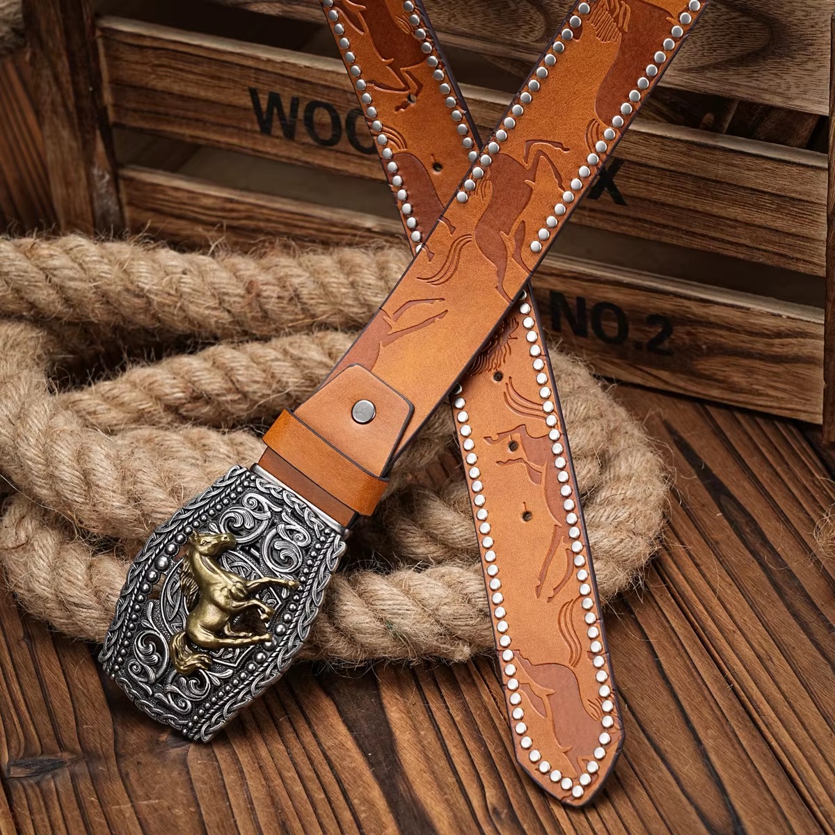 Vintage horse Floral Engraved Buckle Western Cowboy PU Leather Belt - Image 10