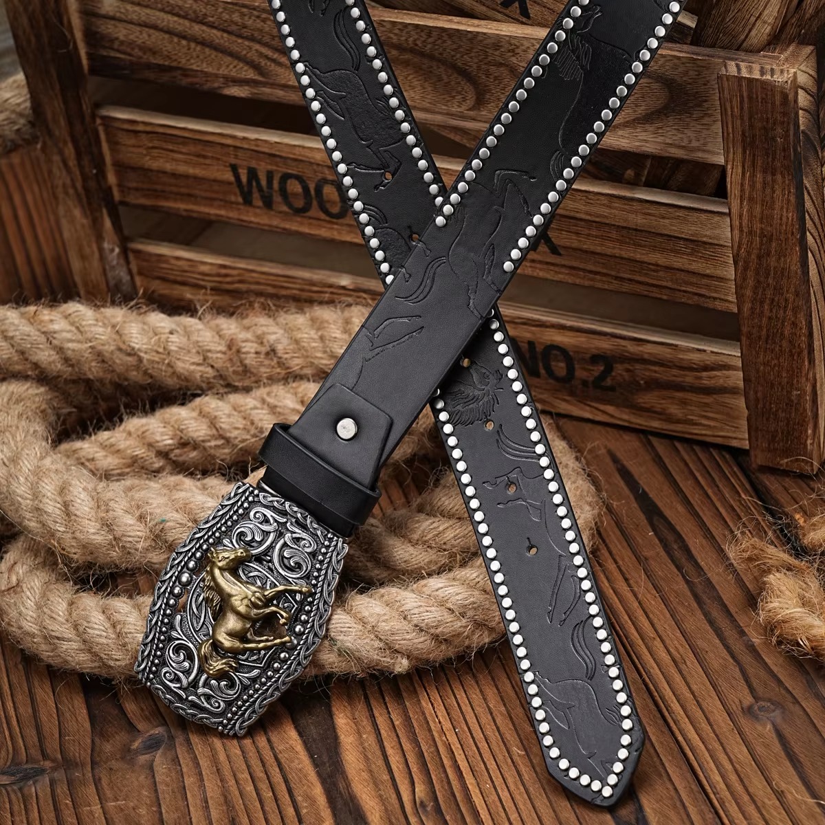 Vintage horse Floral Engraved Buckle Western Cowboy PU Leather Belt - Image 2