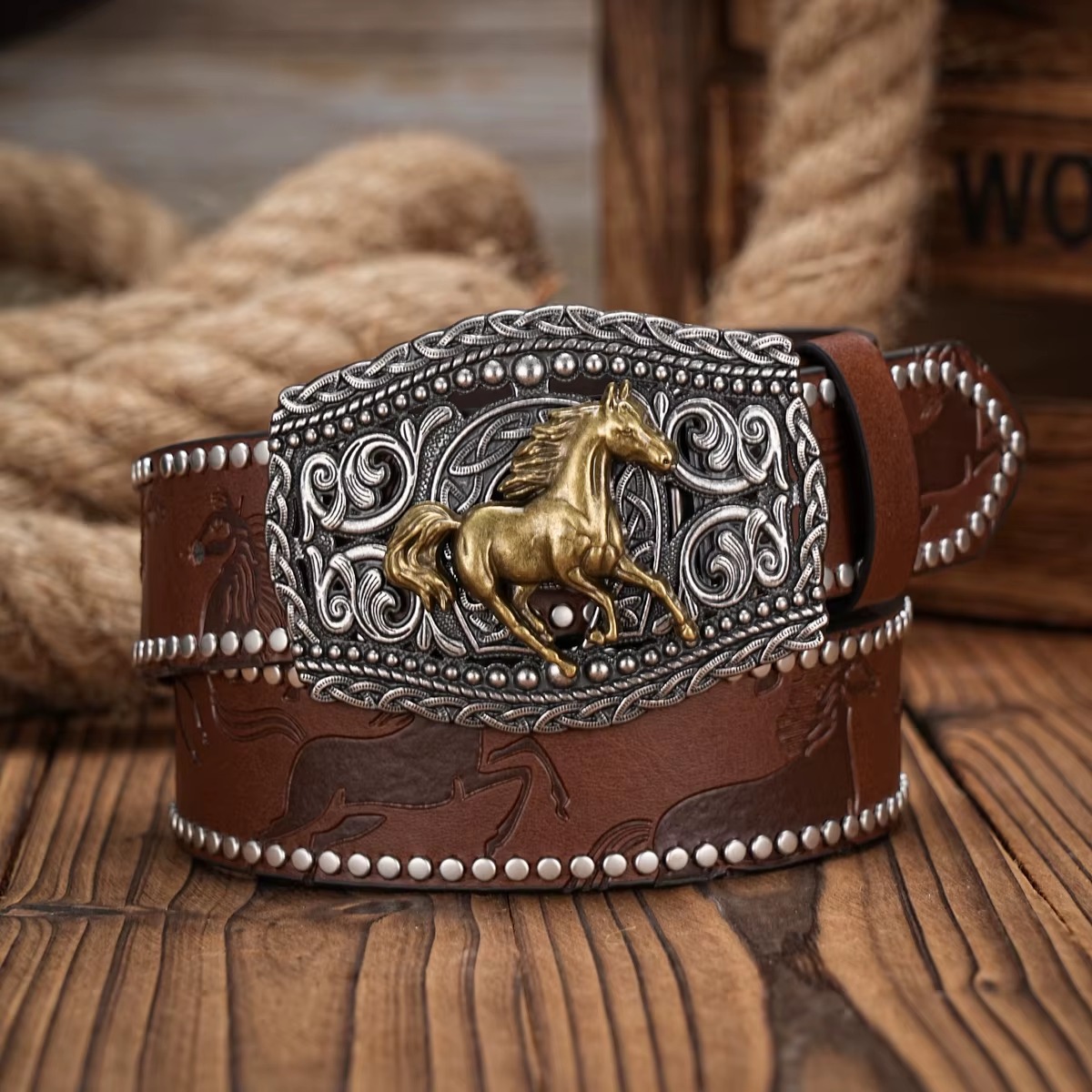 Vintage horse Floral Engraved Buckle Western Cowboy PU Leather Belt - Image 3
