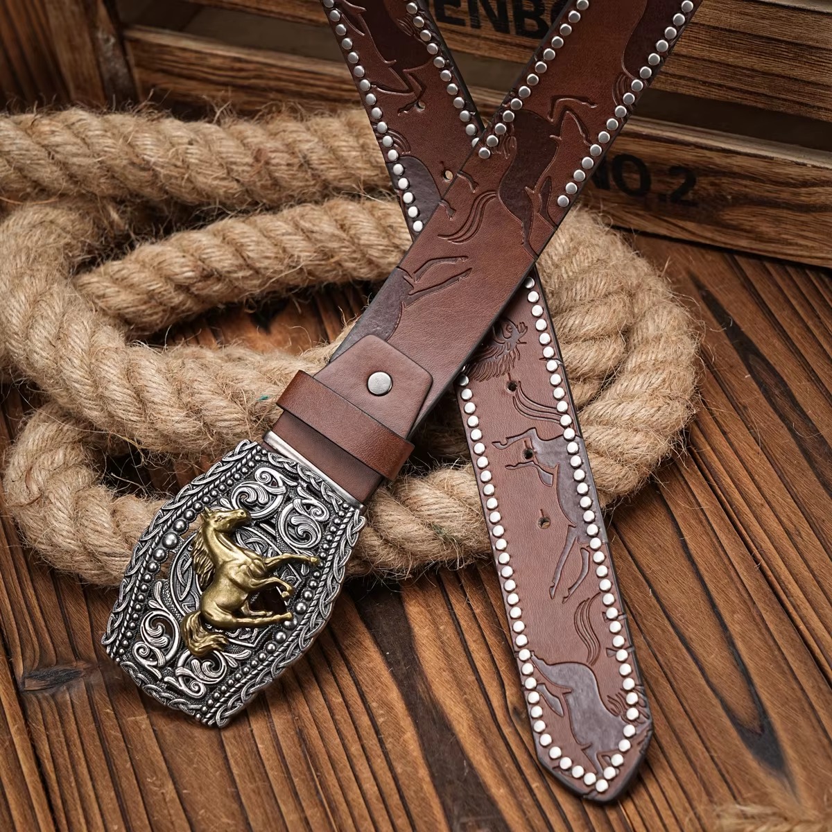Vintage horse Floral Engraved Buckle Western Cowboy PU Leather Belt - Image 4