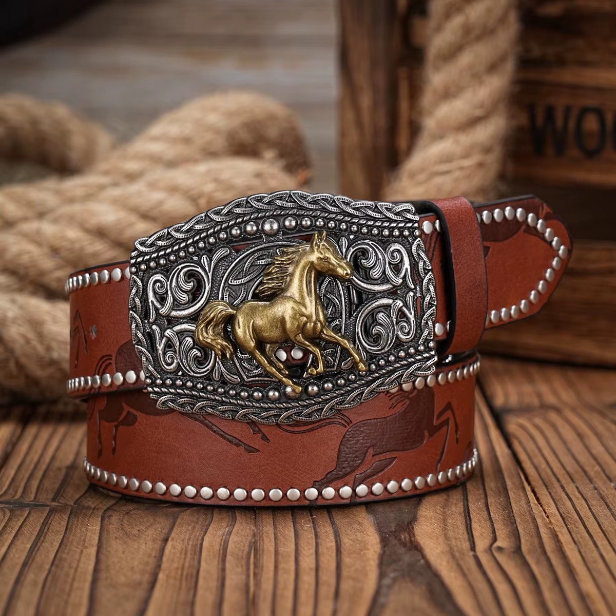 Vintage horse Floral Engraved Buckle Western Cowboy PU Leather Belt - Image 5