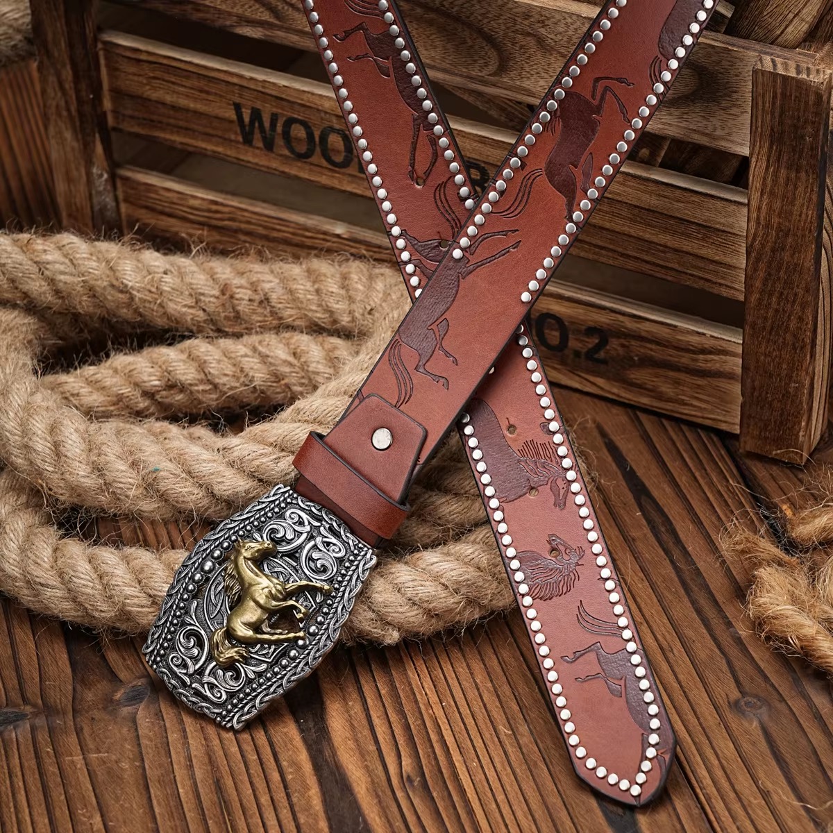 Vintage horse Floral Engraved Buckle Western Cowboy PU Leather Belt - Image 6