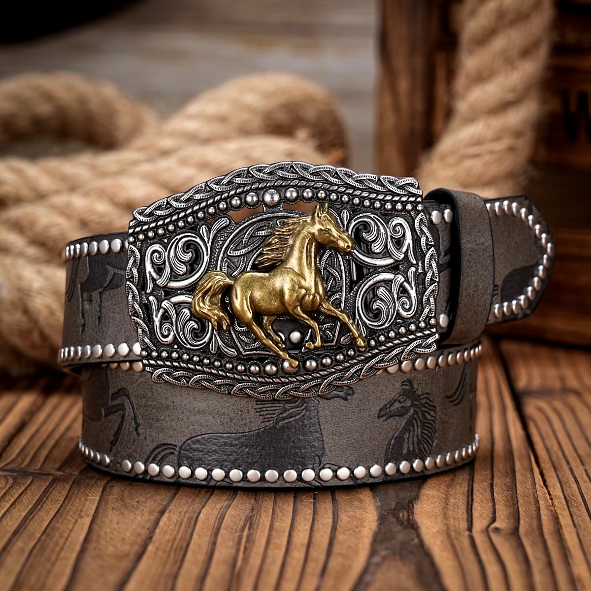 Vintage horse Floral Engraved Buckle Western Cowboy PU Leather Belt - Image 7