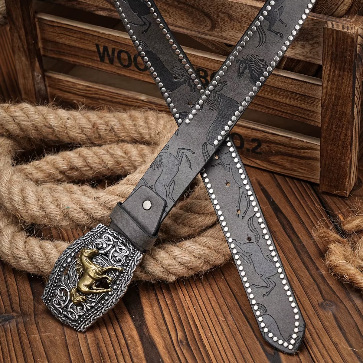 Vintage horse Floral Engraved Buckle Western Cowboy PU Leather Belt - Image 8