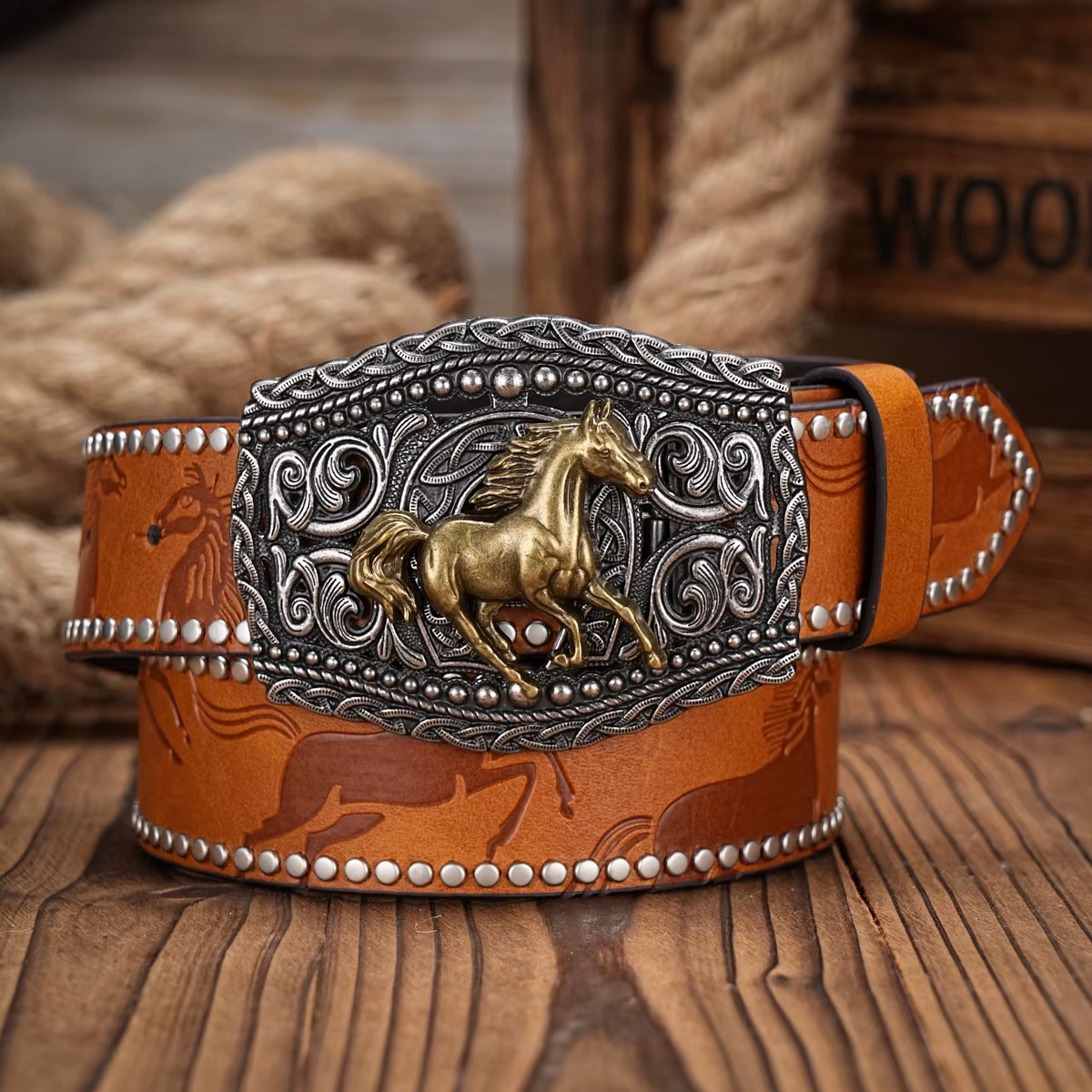 Vintage horse Floral Engraved Buckle Western Cowboy PU Leather Belt - Image 9