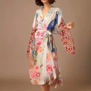 Peacock Printed Self Belted Wrap Beach Kimono Cover Ups
