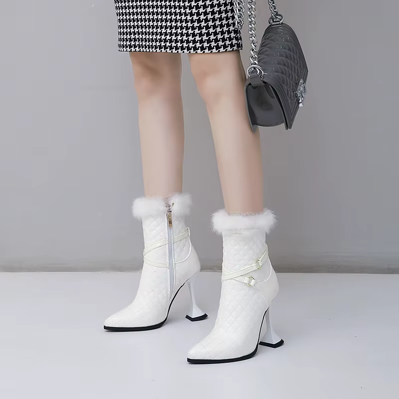 Elegant Rabbit Fur Side Zipper Party Pumps Square High Heels Boots - Image 2