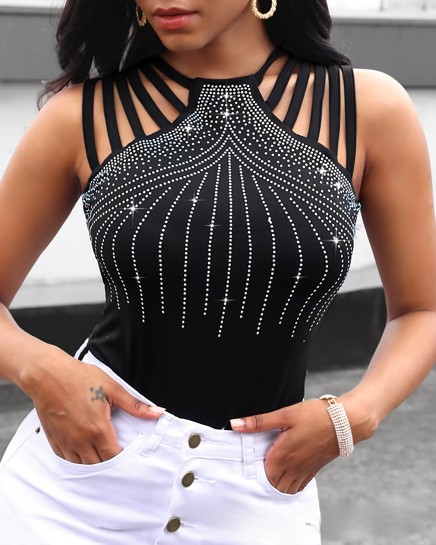 Rhinestone Multi-Strap Party Club Tees Streetwear Sweet Cami Tops