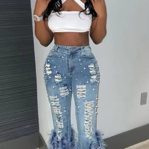 Casual Ripped Out Beading Hollow Out Wide Leg Flare Feather Denim Pants