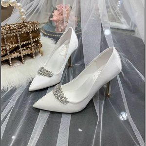 Thin Heel Pointed Toe Fashion Rhinestone Princess Pumps Satin Bridal Shoes