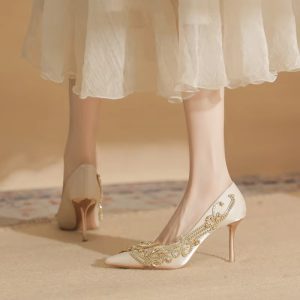 Pearl Bowknot Pattern Pointed Pearl Satin High Heel Sandals