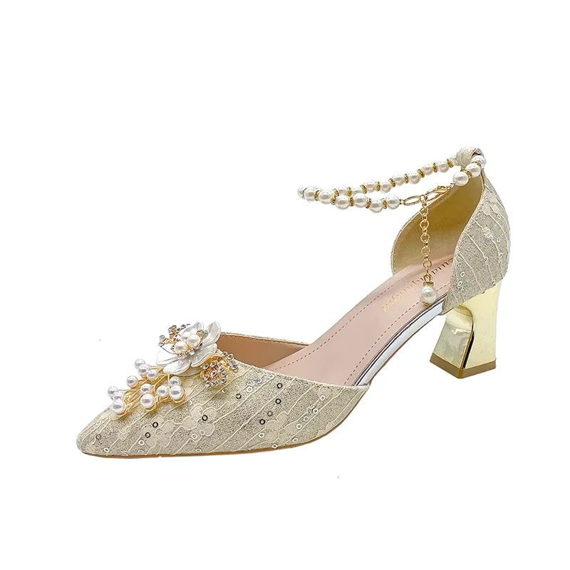 Lace Beaded Tassel Fashion Rhinestone Pattern Thick Heel Bridal Shoes - Image 5