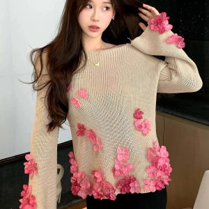 Slash Neck 3D Floral Baggy Tender All-match Pullovers Flare Sleeve Korean Style Sweater