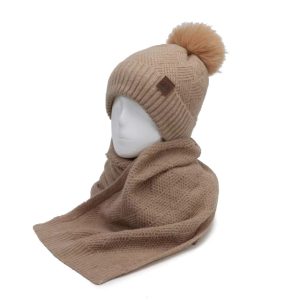 Double Layer Plus Fluff Ball Knited Warm Beanie Hat Two-Piece Set