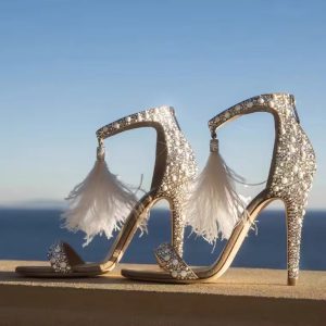 Crystal Rhinestone Feather Tassel High Heels Stiletto Bridal Sandal
