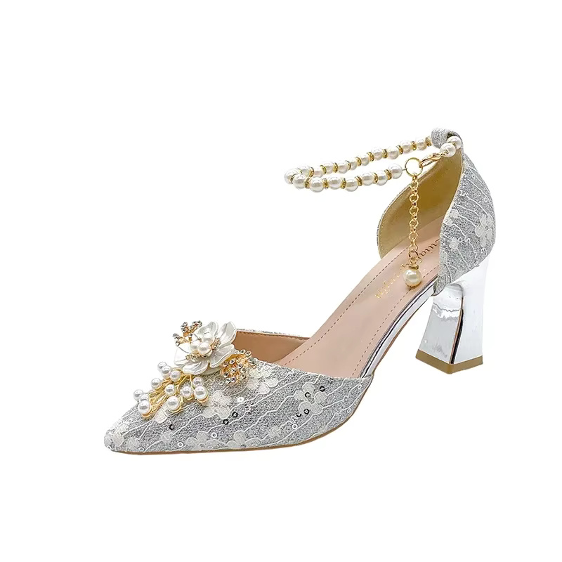 Lace Beaded Tassel Fashion Rhinestone Pattern Thick Heel Bridal Shoes - Image 2