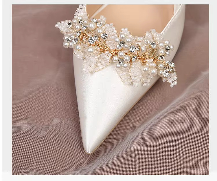 White Pearl Fashion Luxury Satin Bridal High Heels Pumps - Image 3