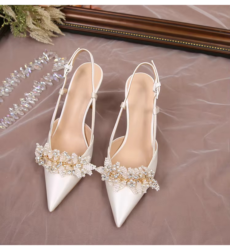 White Pearl Fashion Luxury Satin Bridal High Heels Pumps - Image 2